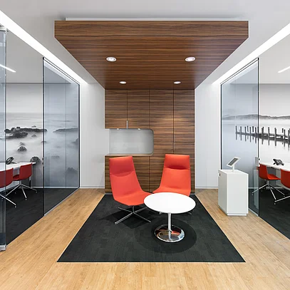 Right-and-left room-within-a-room solution with ceiling connection, featuring custom interior finishes in the center