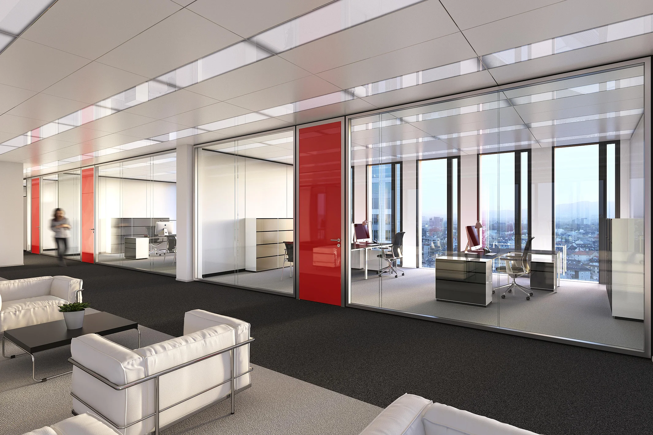 Frameless all-glass wall with double-pane glazing