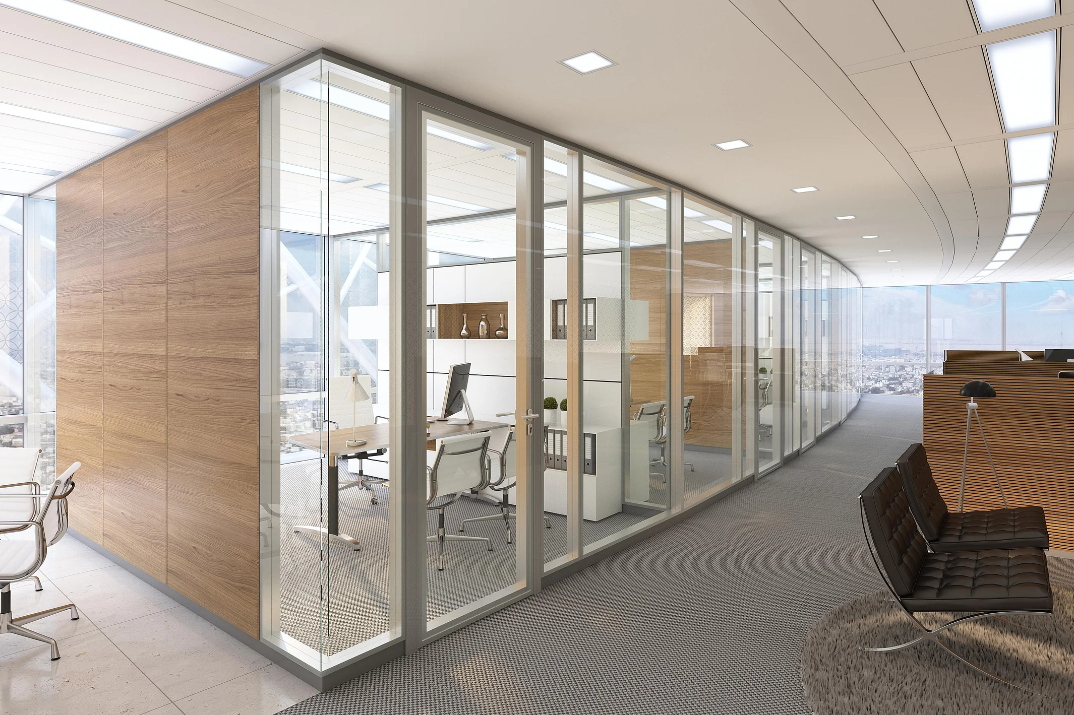 T65 two-panel partition wall system with bonded glass, corner view, combined with T10 wood-grain finish