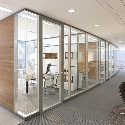 T65 two-panel partition wall system with bonded glass, corner view, combined with T10 wood-grain finish