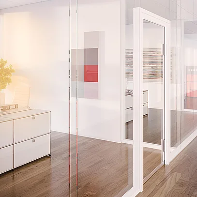 T55 double-pane glazing without vertical profiles, with white bottom and top trim