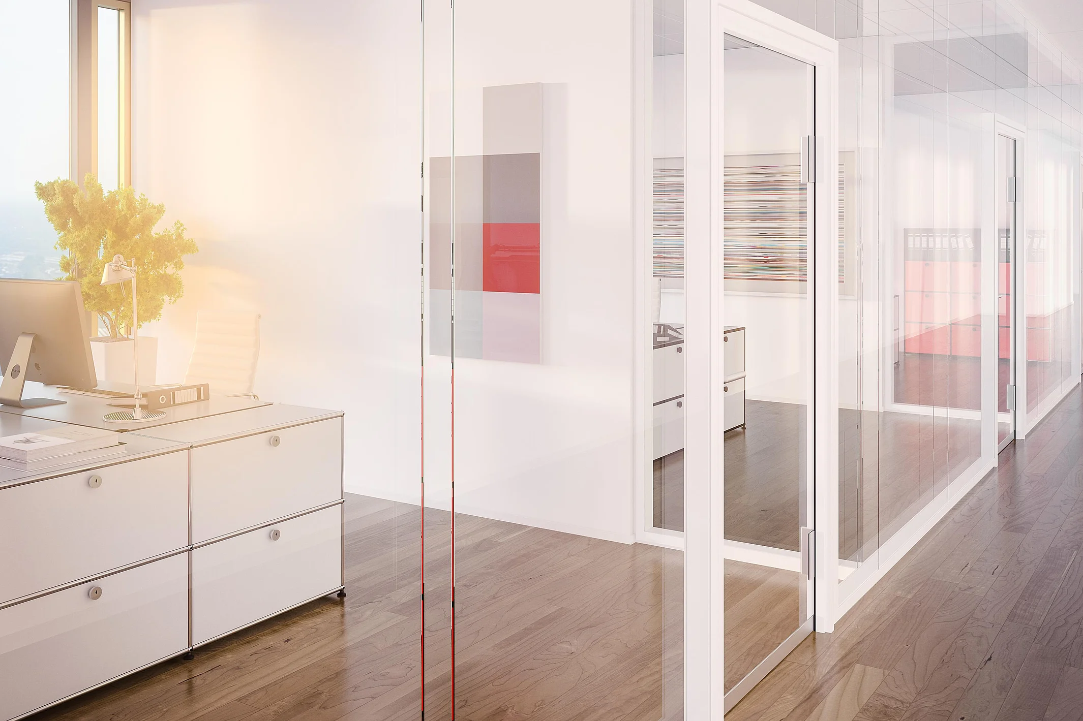 T55 double-pane glazing without vertical profiles, with white bottom and top trim