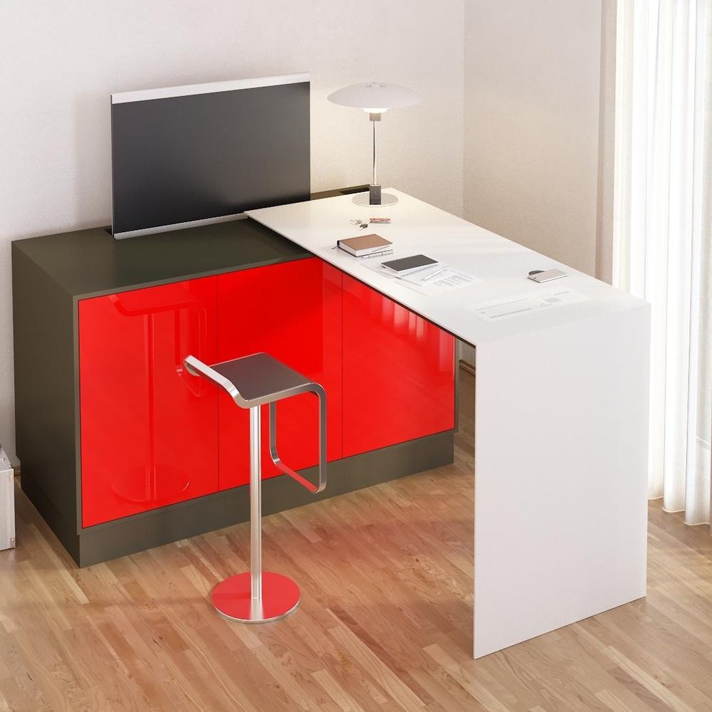 Flexibles Sondermöbel für Mikro-Apartments, Schreibtischelement ausgefahren, mit integriertem Qi-Pad für kabelloses Laden, Bildschirm sichtbar