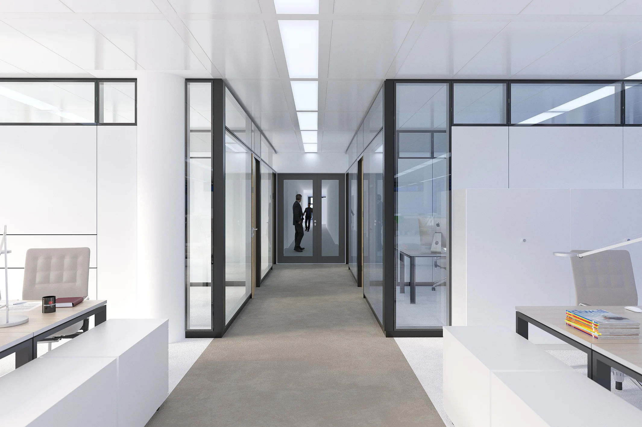 View of the hallway, with Goldbach Kirchner T65 partition walls on the right and left, featuring structural glazing and black profiles