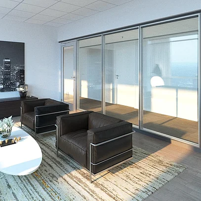 Flush-mounted triple-pane glazing with fire safety rating F30/EI30