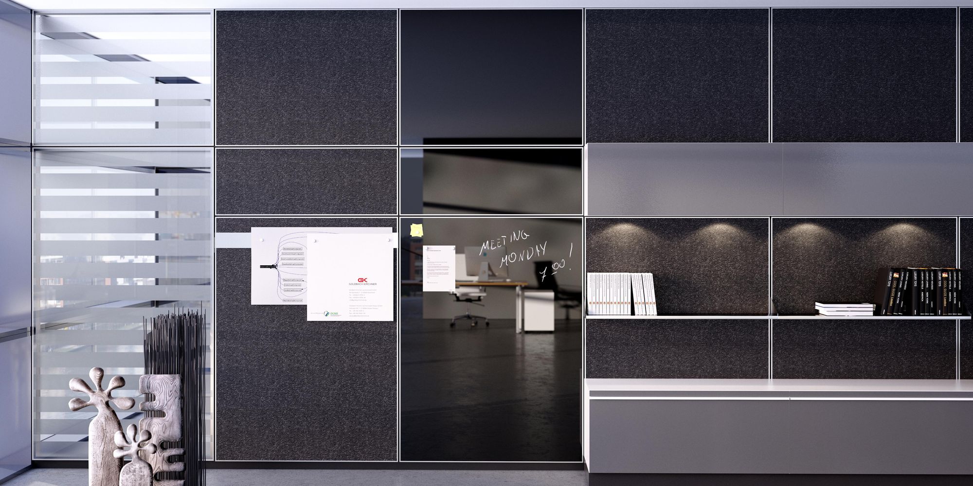 Die organisierbare Bürowand mit akustisch wirksamen Oberflächen aus Filz und Glaselemente im System T35