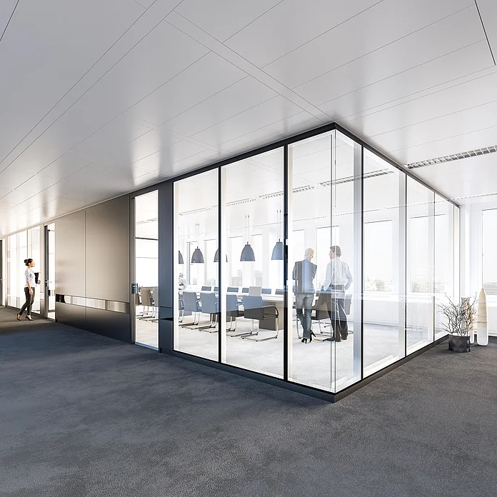 Glaselemente mit flächenbündig verklebter Verglasung, kombiniert mit T10 Vollwand in schwarz