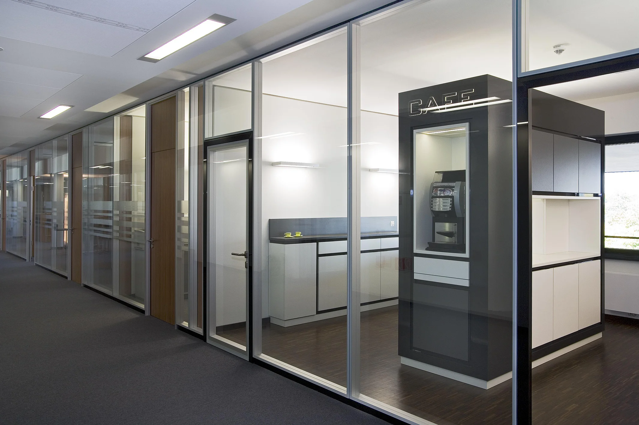 Flächenbündige Rohrrahmentür mit verklebter Verglasung in Systemtrennwand T65