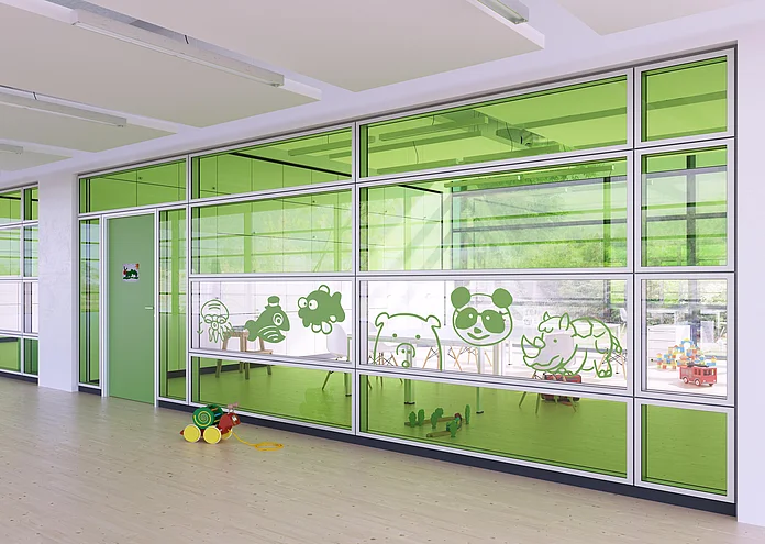 Trennwandsystem mit Zweischeiben-Verglasung, frontbündig