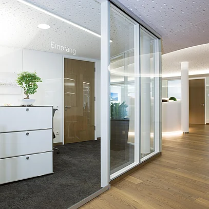 Lightweight partition wall system with bonded glass and white profiles