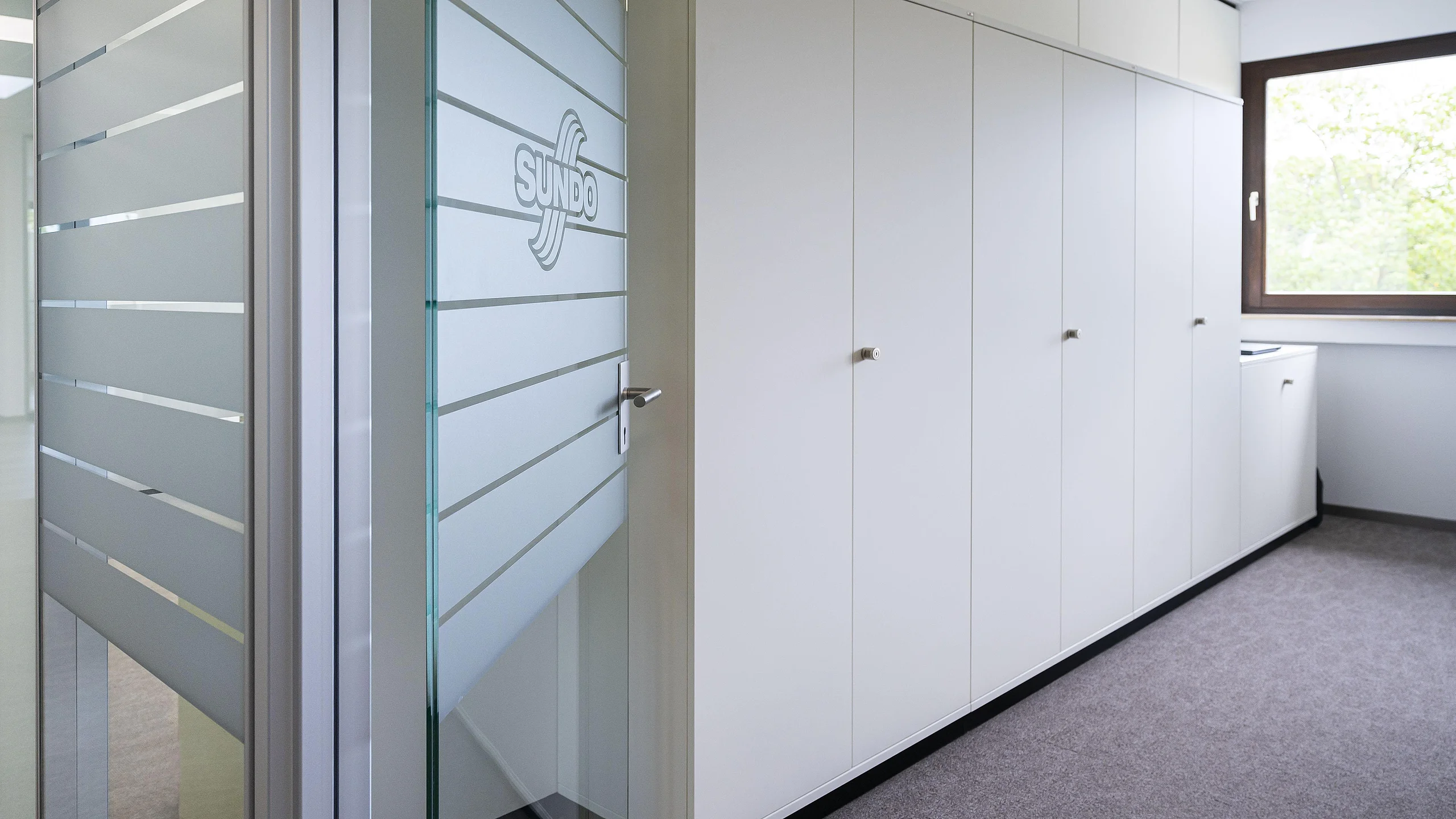 Trennwandsystem T35, Ganzglastüren und Wandschränke