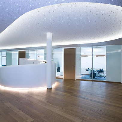 Partition Wall System T65, reception area with a view of the office spaces, transparent room structures combined with warm wood finishes