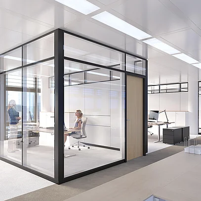 Partition wall system without a visible frame (structural glazing)