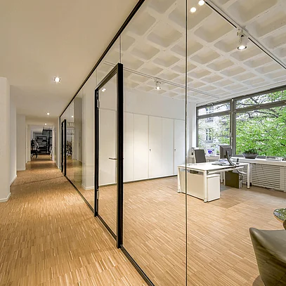 Elegant room divider with all-glass swing door, partition walls with built-in cabinets