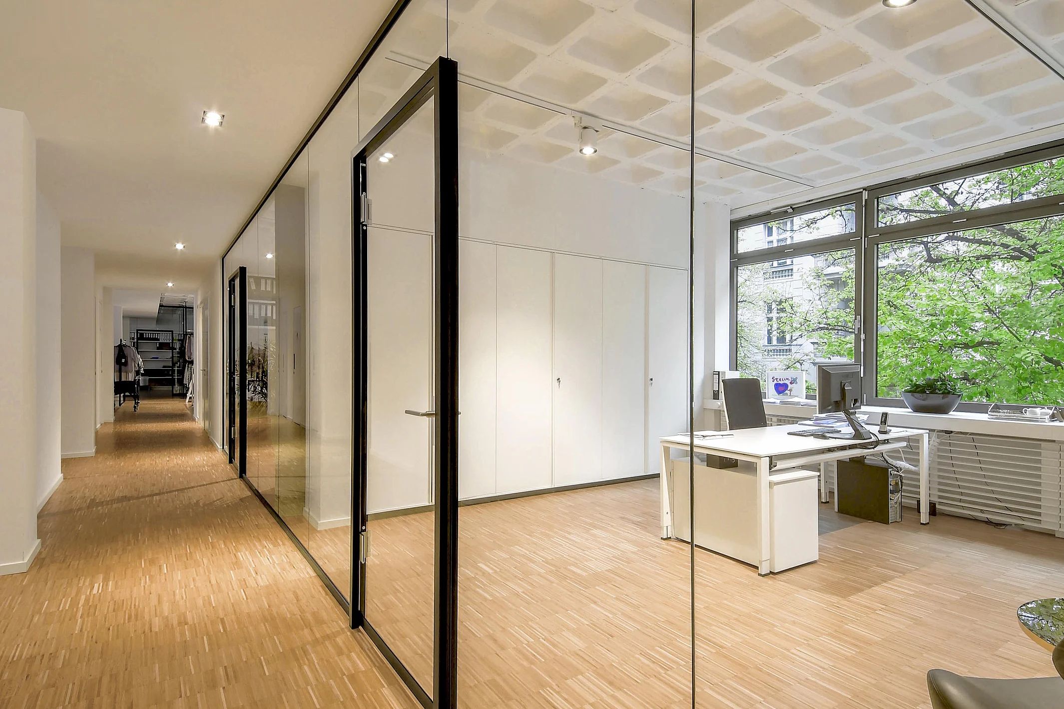 Elegant room divider with all-glass swing door, partition walls with built-in cabinets