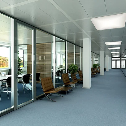 View of the office hallway, flush-mounted glazing combined with a matching tube frame door